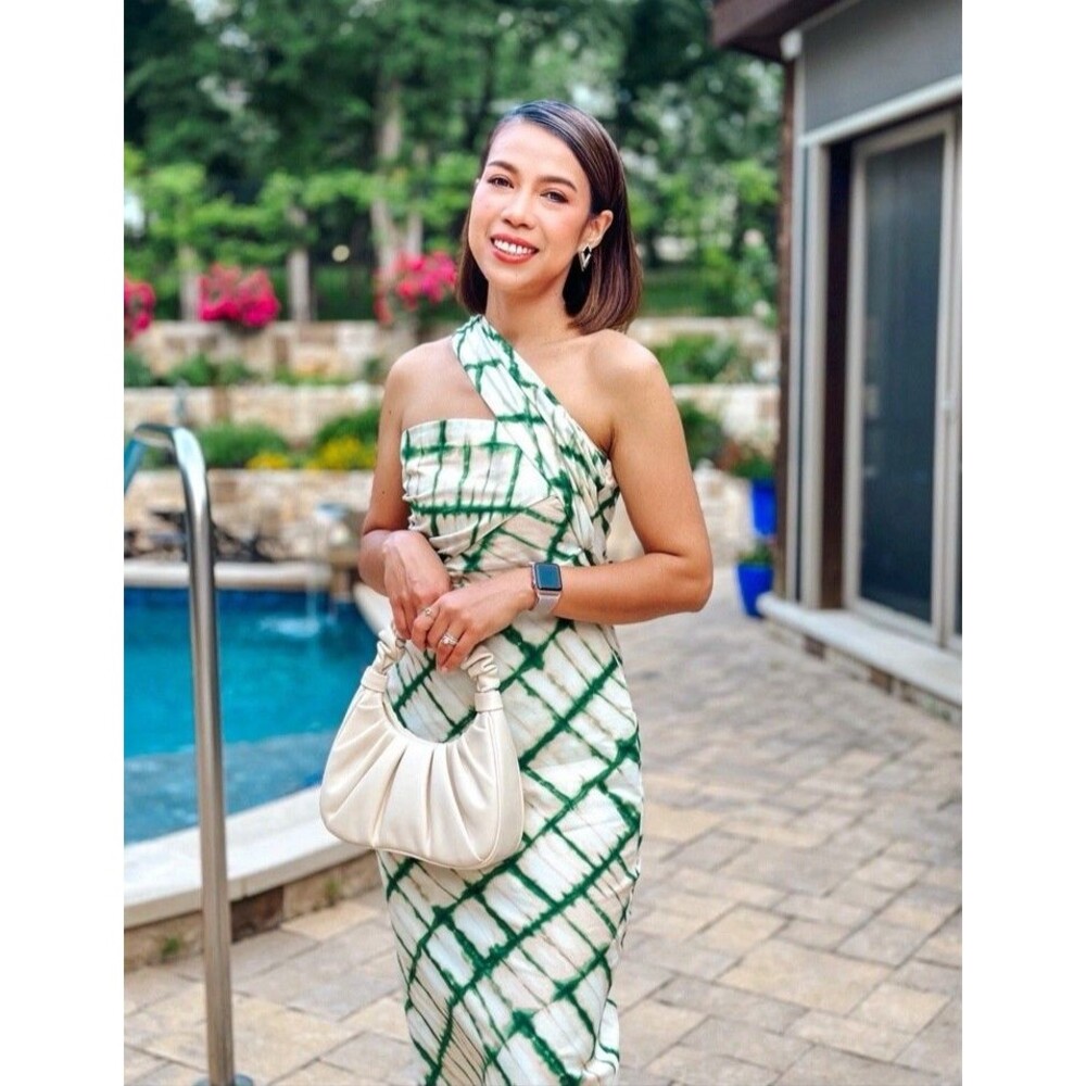Zara Printed Midi Dress Ecru White Green Asymmetric Size XL EUC Tie Neck